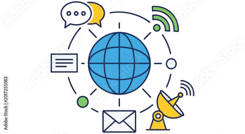 Fotografi Global communication network illustrated with icons representing connectivity an
