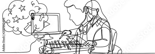 Schilderij op canvas Continuous line drawing of person working on computer and mixing console, imagin