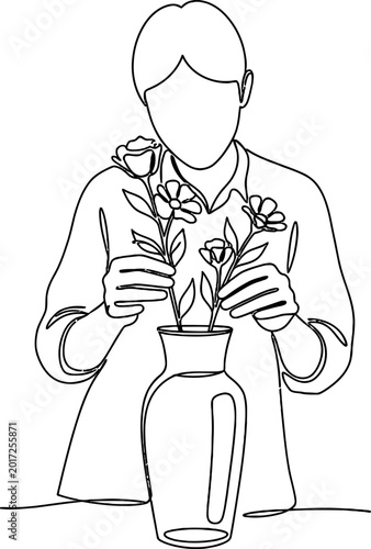 Foto Person Arranging Flowers in Vase, One Line Drawing Art, Minimalist Floral Design