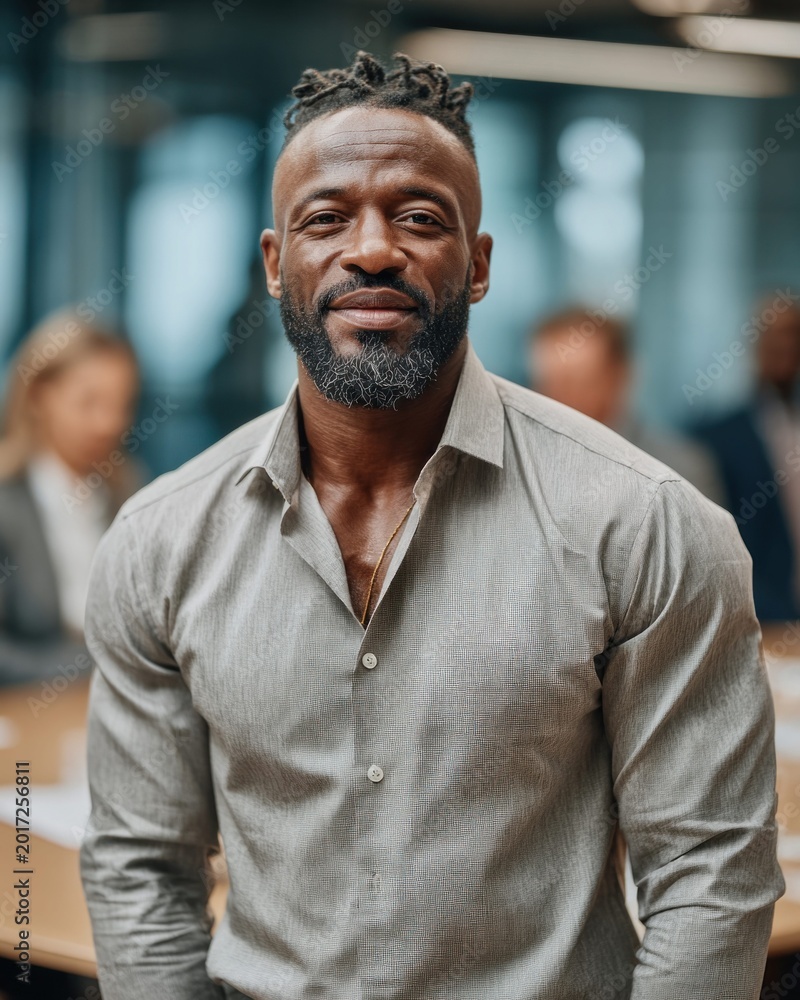Obraz premium Confident Black man in business attire smiling in a modern office meeting room