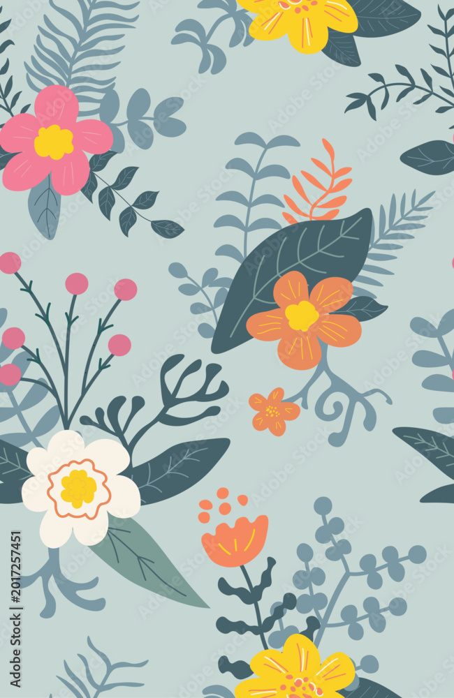 Obraz premium Seamless hand drawn abstract flower pattern with retro freeform doodle flowers 