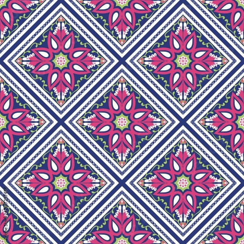 Ornamental Floral Diamond Seamless Pattern Geometric Tile Ethnic Fabric Design