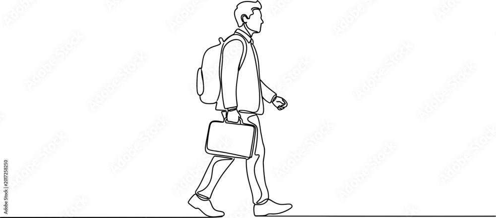 Obraz premium Man walking with backpack and briefcase, continuous line drawing