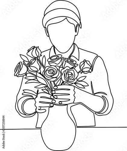 Foto Person arranging roses in a vase, line art, minimalist design, floral compositio