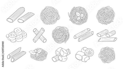 Foto Assortment of hand drawn Italian pasta shapes and basil leaves spaghetti fettucc