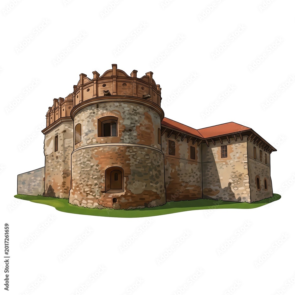 Fototapeta premium Illustration of the historic Starokostiantyniv Castle featuring a defensive round tower and stone walls with Renaissance elements