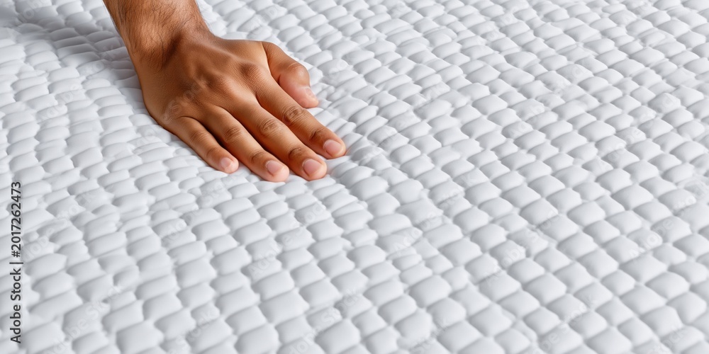 Obraz premium Hand touching a soft white mattress with a textured square grid pattern
