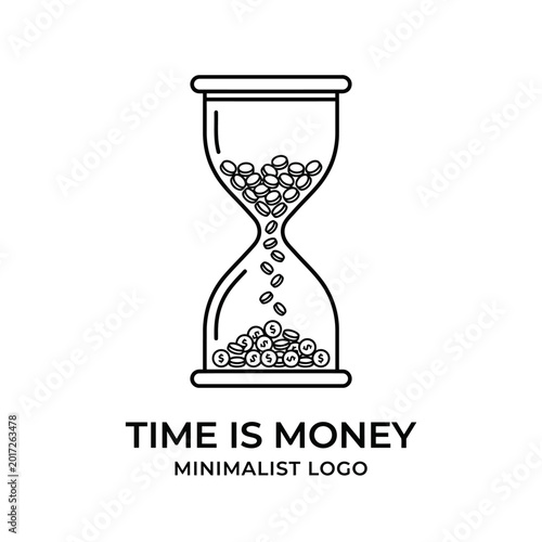 Minimalist logo depicting an hourglass with coins flowing, symbolizing the concept that time is money, on a white background.