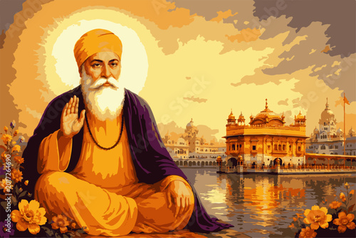 Schilderij op canvas Golden Guru Nanak Jayanti Celebration Illustration with Sikh Temple and Spiritual Background