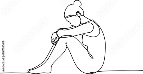 Vászonkép Solitary Woman Sitting, Head Down, One Line Art Drawing
