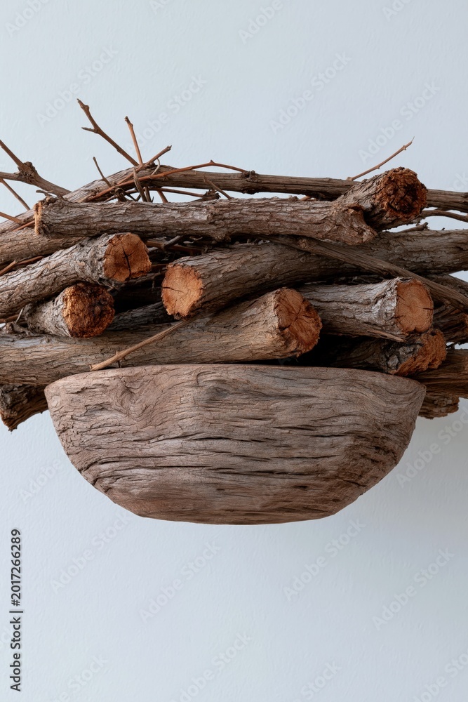Fototapeta premium Rustic stack of cut logs with a carved wooden bowl for natural display background and wood decor composition