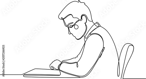 Valokuva Continuous line drawing of a man studying at a desk, focused and diligent