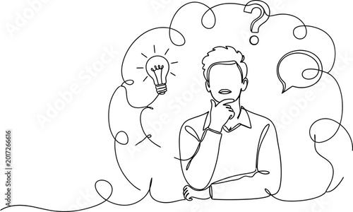 Tableau sur toile Man Thinking Hard, Lightbulb Idea, Question Mark, Speech Bubble - Continuous Lin