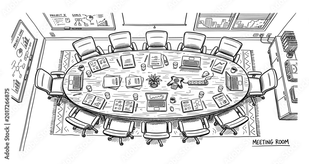 Fototapeta premium Top view of a modern meeting room with large oval table and chairs for business discussion and collaboration.