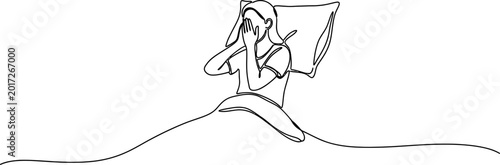 Fotografie Woman crying in bed, covering face with hands, one line drawing, sleep, insomnia