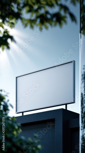 Blank white horizontal billboard mockup on top of a modern building with sun rays and trees