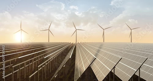 Innovative renewable energy farm with solar panels and wind turbines in nature. Sustainable Green Energy Related 3D Animation.