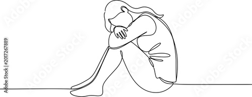 Bild auf Leinwand Sad Woman Sitting, Embracing Knees, One Line Drawing Style