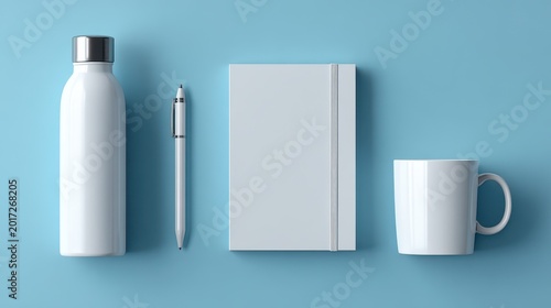Blank office stationery mockup with white bottle, pen, notebook and mug on blue background