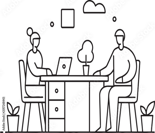Office meeting and teamwork — minimalist line art collaboration illustration