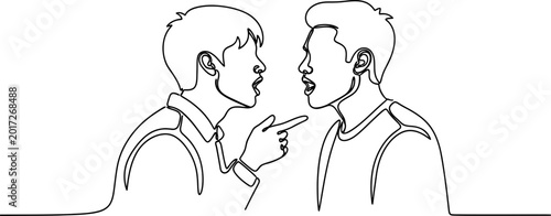 Schilderij op canvas Two men arguing, one pointing finger in minimalist continuous line drawing style