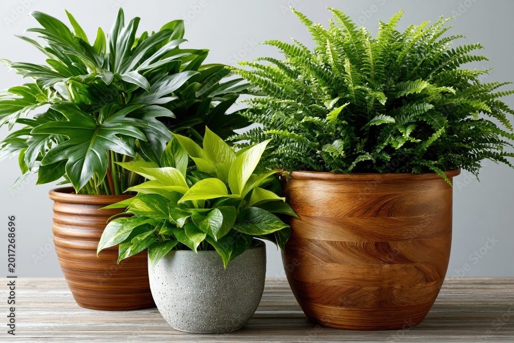 Obraz premium Group of potted indoor plants with fern and leafy foliage on wooden table for home decor background and interior design banner