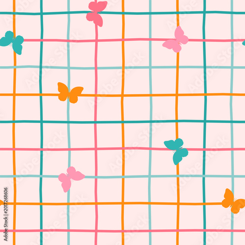 Cute seamless butterfly pattern with pastel grid lines, colorful abstract geometric background, playful hand drawn wallpaper, trendy retro fabric print, wrapping paper design. Vector illustration