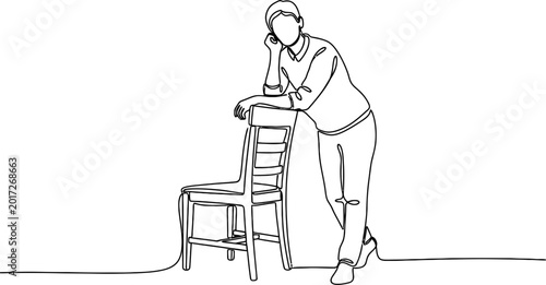 Vászonkép Minimalist line art drawing of a person leaning on a chair, relaxed pose, white