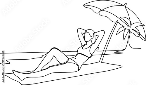 Photos Woman relaxing on beach chair under umbrella, sunbathing on towel, summer vacati