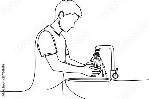 Photos Man washing hands under running water from faucet, hygiene concept, line art ill