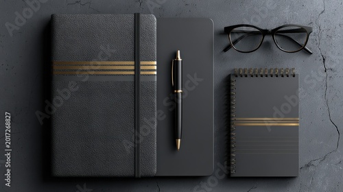 Top view of black stationery set with notebooks, pen and glasses on dark texture