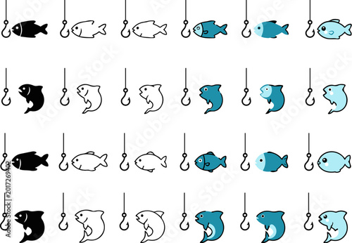 Modern fish and fishing hook vector icon collection featuring multiple fish silhouettes, outline icons, flat illustrations, kawaii fish characters, and minimal vector designs. 
