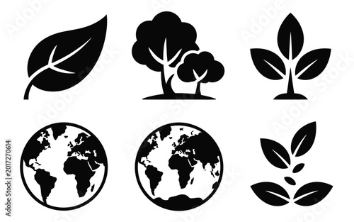 Bild auf Leinwand Minimalist silhouette icons of leaves trees and world globe symbolizing environm