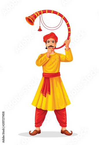 Indian Maharashtra cultural Tutari man. Indian artist musician playing on traditional musical instruments and dancers for a wedding ceremony. Indian culture, art, and music concept
