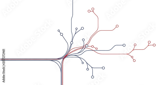 Photos Abstract illustration of branching lines with circular nodes in red and blue
