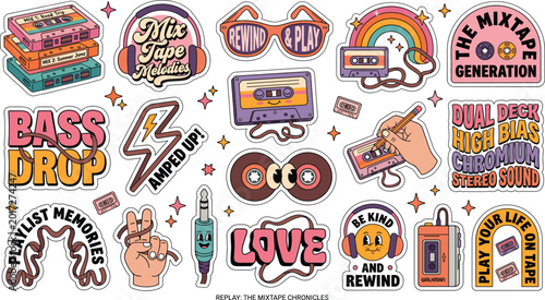 Foto Retro Mixtape Chronicles Groovy Sticker Pack Cassette Tape Walkman Headphones Rainbow 80s 90s Nostalgia Music Quote Bundle