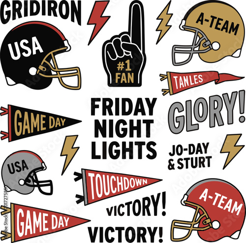 American football set with helmets, pennants, foam finger and lightning bolts isolated on white background