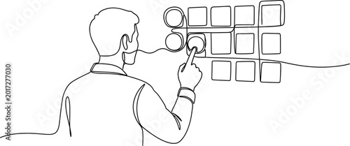 Bild auf Leinwand Man's hand touching digital interface with grid of buttons, single line drawing