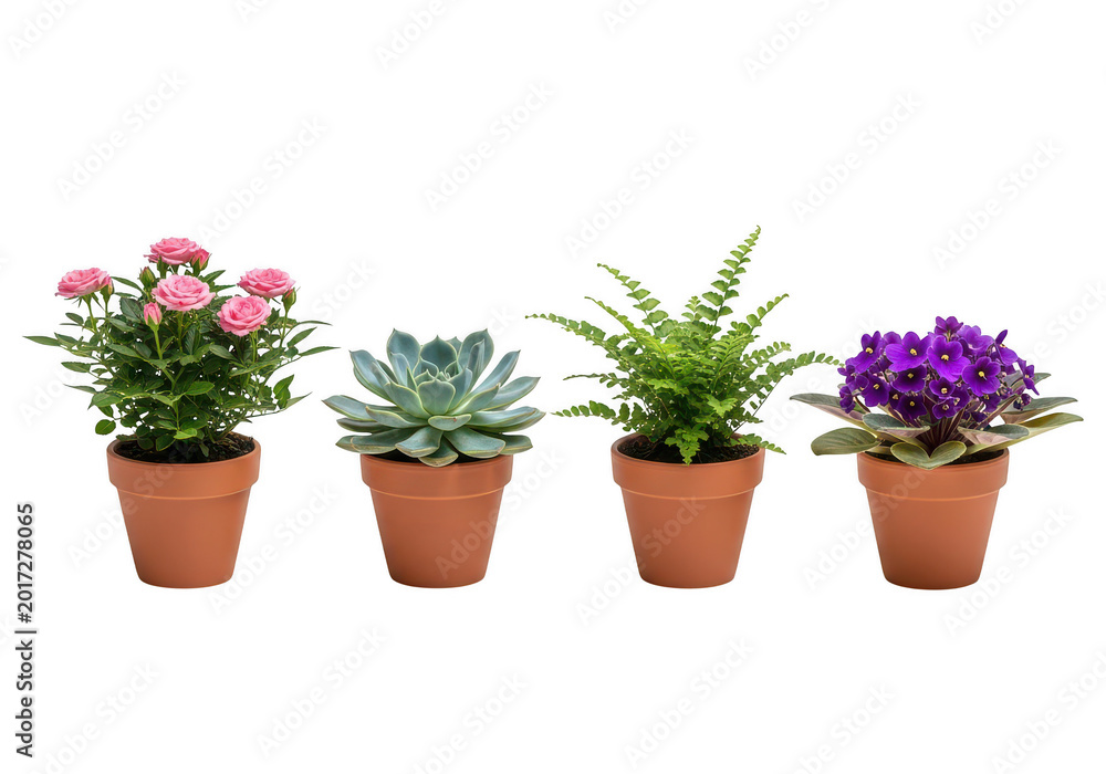 Fototapeta premium Collection of four different potted plants including roses succulent fern and violet isolated on transparent background