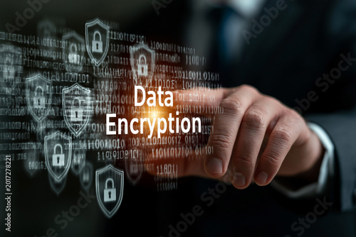 Businessman Pointing at Data Encryption Interface with Shield and Padlock Icons