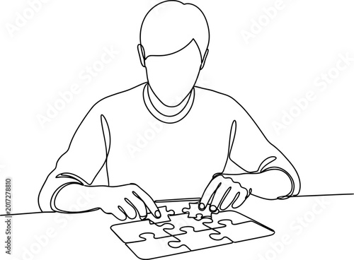 Foto Person assembling jigsaw puzzle, focus on hands and problem-solving concept, lin