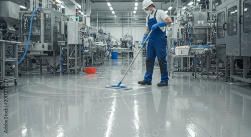 Man mopping wet floor with clean mop in factory. Professional cleaning in production plant. Hygiene and safety maintenance in food processing industry.