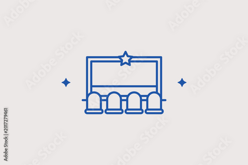 Photos Movie theater screen line icon with seating for film premieres and audience viewings
