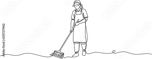 Foto Minimalist line art of a cleaner sweeping the floor with a broom, isolated on wh