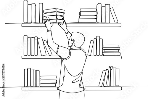 Bild auf Leinwand Man Reaching for Books on Shelf - Minimalist Line Art Illustration
