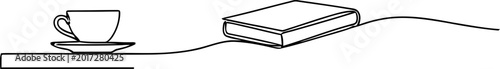 Fotografía Simple line art of a coffee cup and saucer next to a book on a shelf