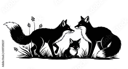 Quadro su tela Black Fox Family Silhouette, Nature Scene, Wild Animals