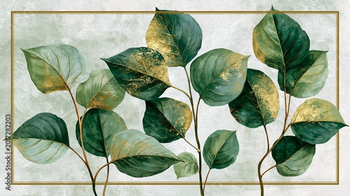 Leaves in green watercolor, set within a gold frame.