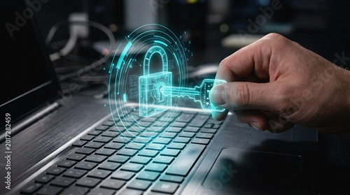 Cybersecurity: Hand unlocking digital padlock on laptop data protection