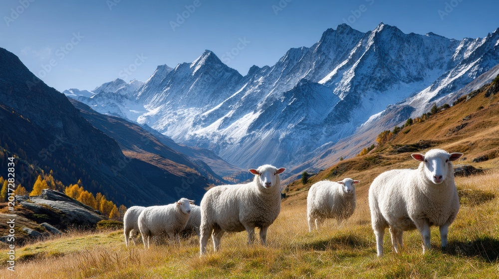 Fototapeta premium Sheep grazing on alpine meadow with snowcapped mountain range and autumn valley under clear sky